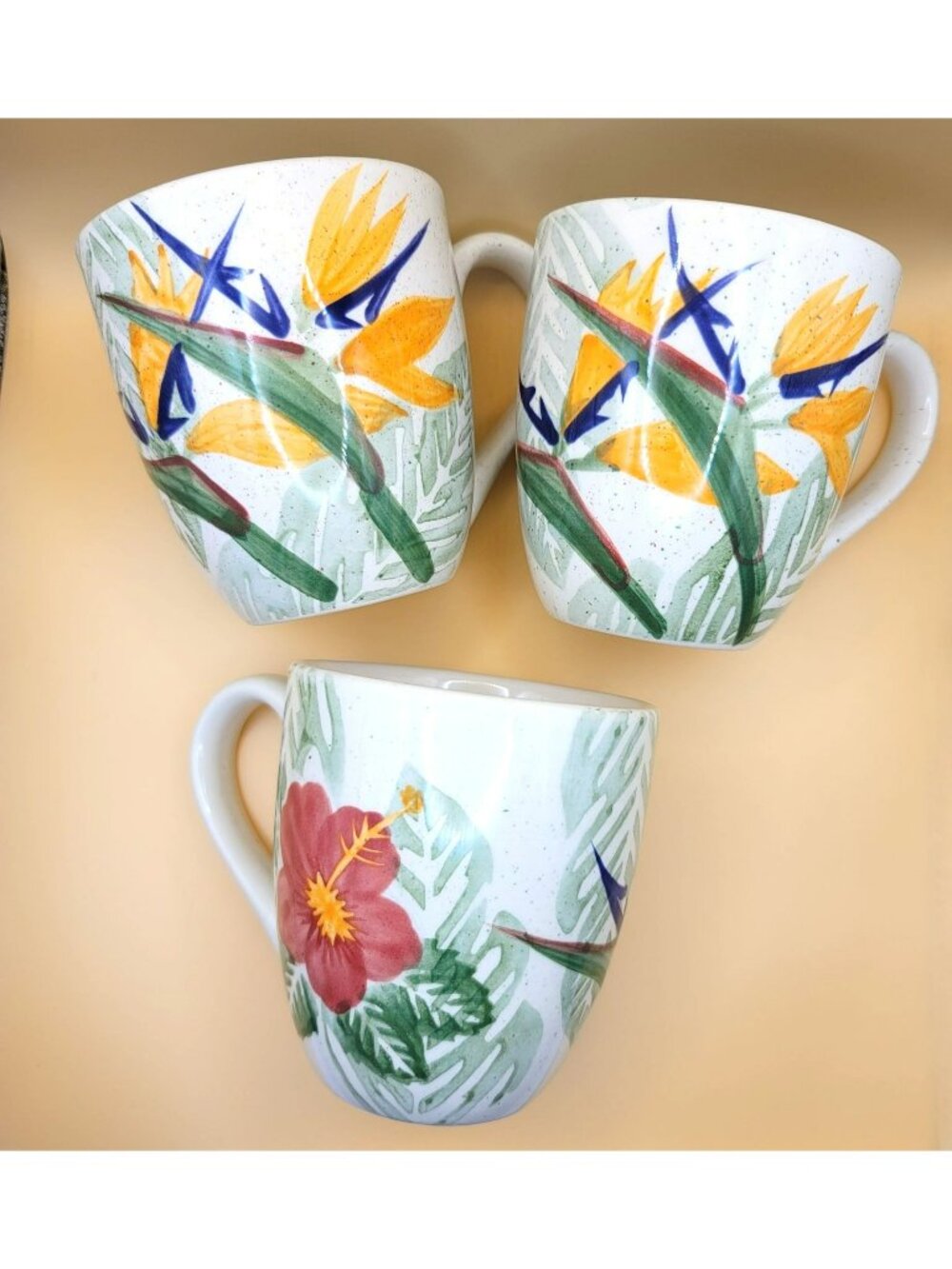 Botanica Mugs Handpainted Stoneware KIC Floral Hibiscus Design Set of 3 DH879